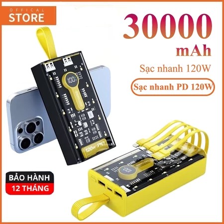 120W 30000mAh Transparent Power Bank Integrated 4 Convenient Charging Ports Super Fast Charging With LED Light