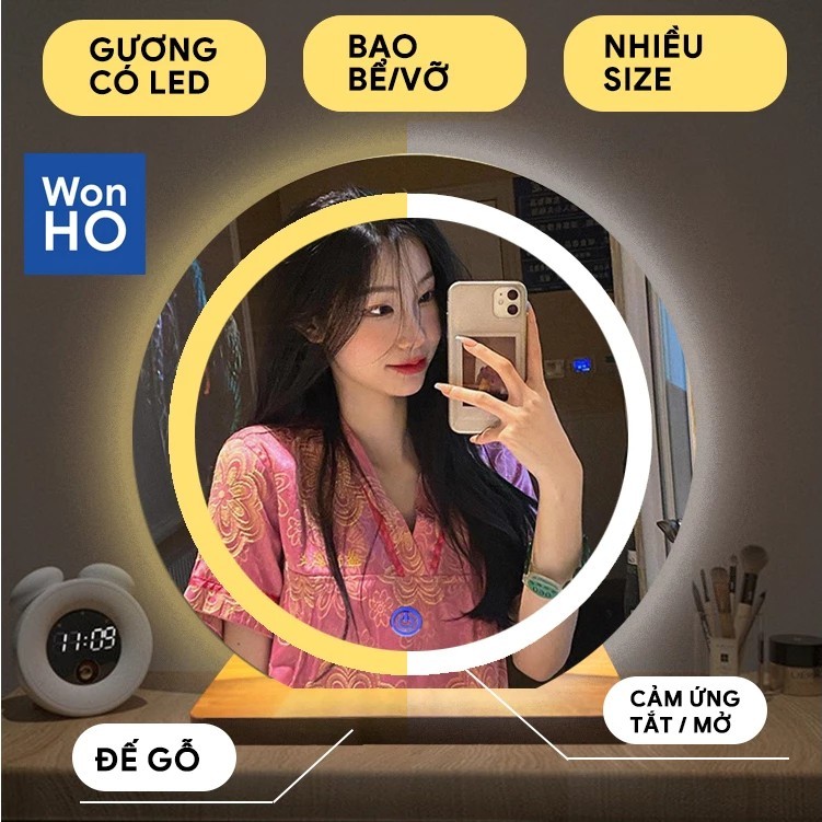 High-end LED Touch Screen Round Makeup Mirror, Free Wooden Desktop Stand