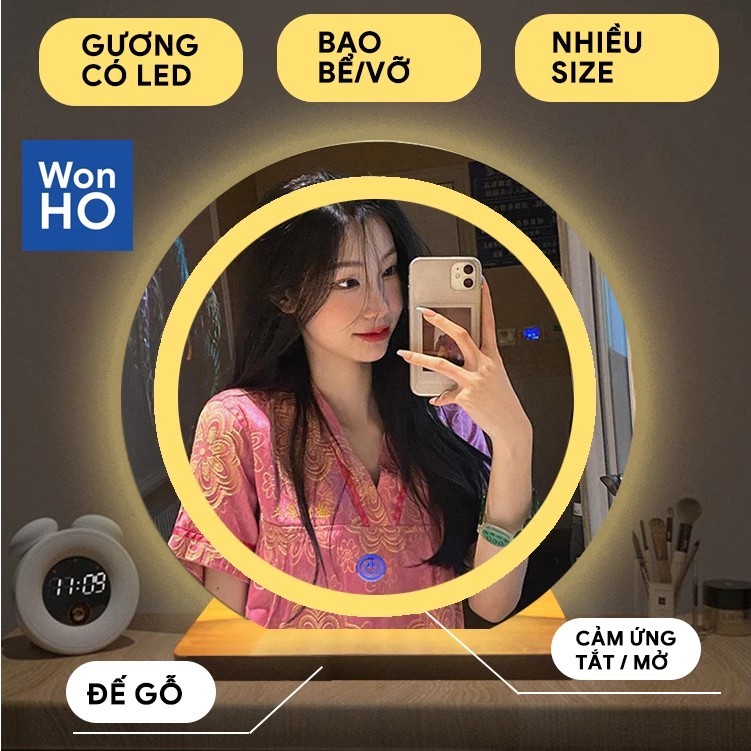 High-end LED Touch Screen Round Makeup Mirror, Free Wooden Desktop Stand