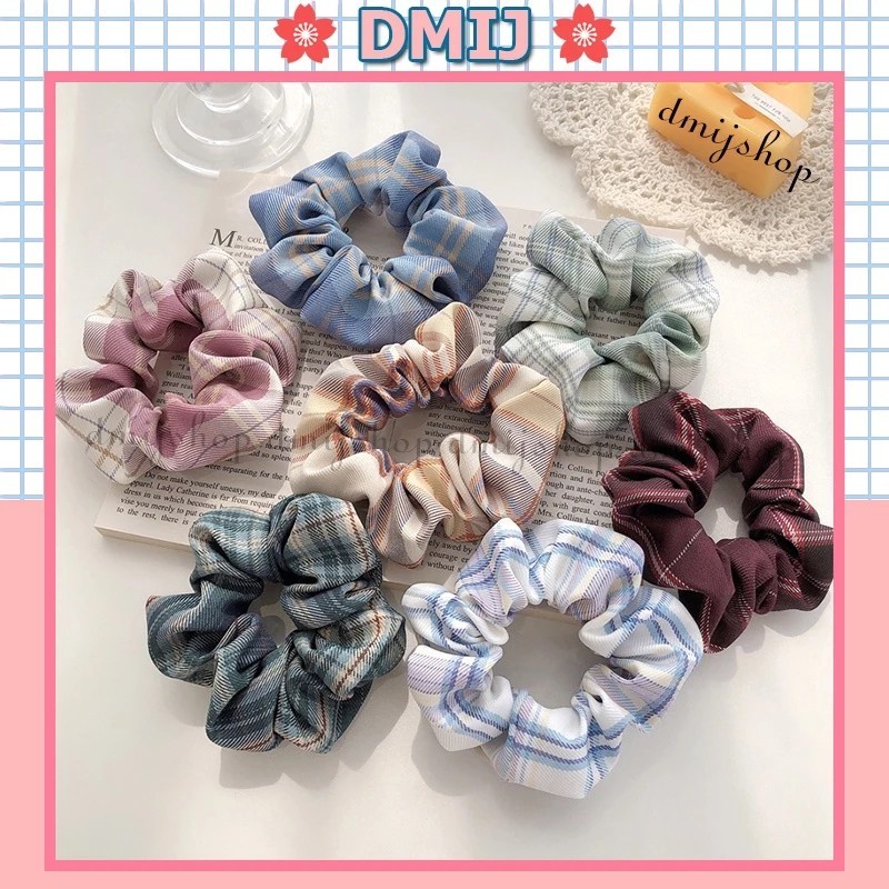 Korean Vintage Plaid Fabric Scrunchies Hair Ties, Hard Scrunchies Hair Ties