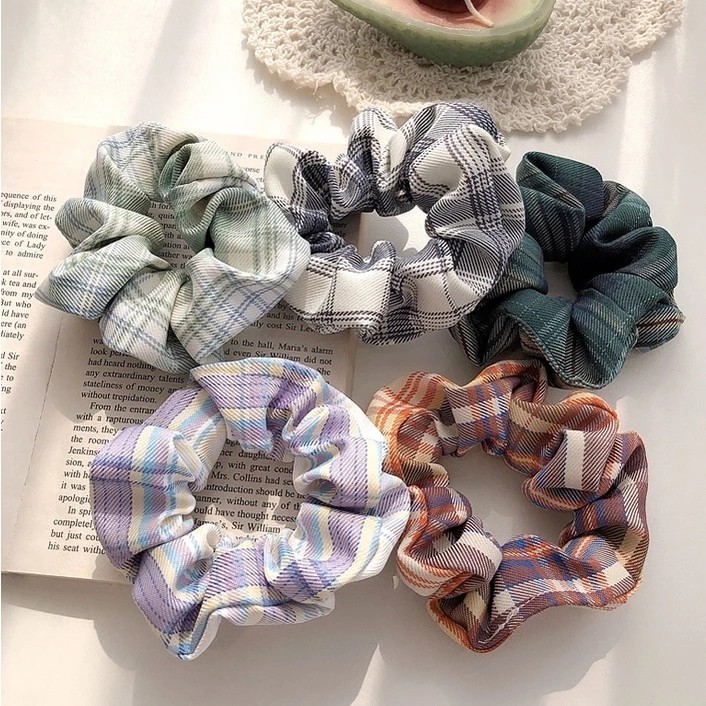Korean Vintage Plaid Fabric Scrunchies Hair Ties, Hard Scrunchies Hair Ties