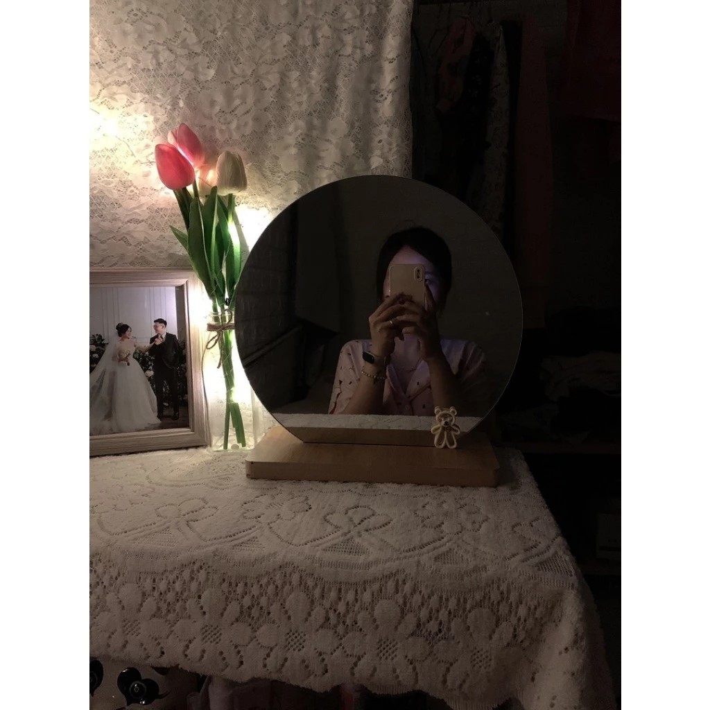 High-end LED Touch Screen Round Makeup Mirror, Free Wooden Desktop Stand
