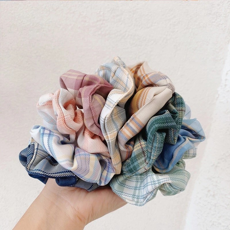 Korean Vintage Plaid Fabric Scrunchies Hair Ties, Hard Scrunchies Hair Ties