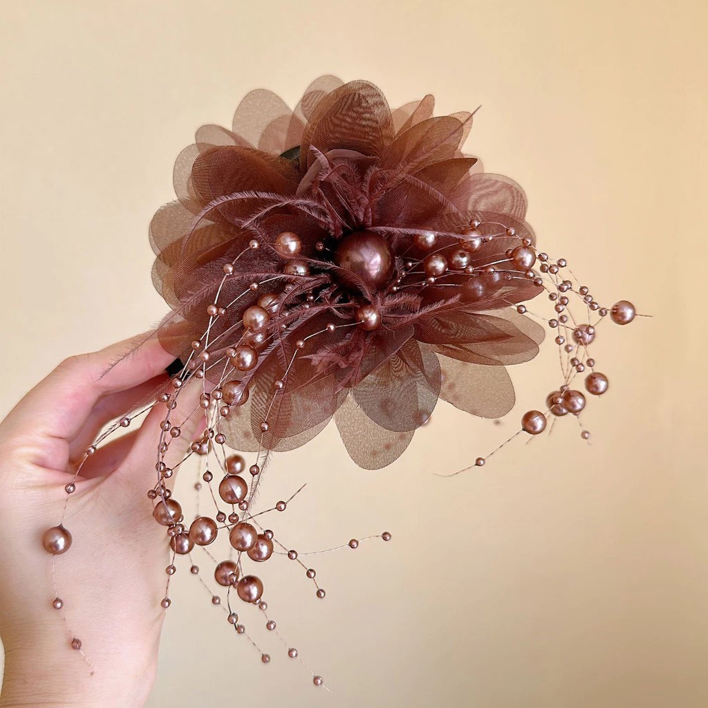 New Matching Beads Peony Feather Hair Clip Shark