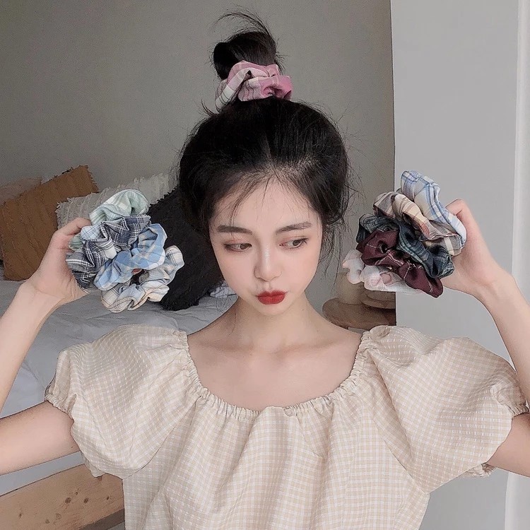 Korean Vintage Plaid Fabric Scrunchies Hair Ties, Hard Scrunchies Hair Ties