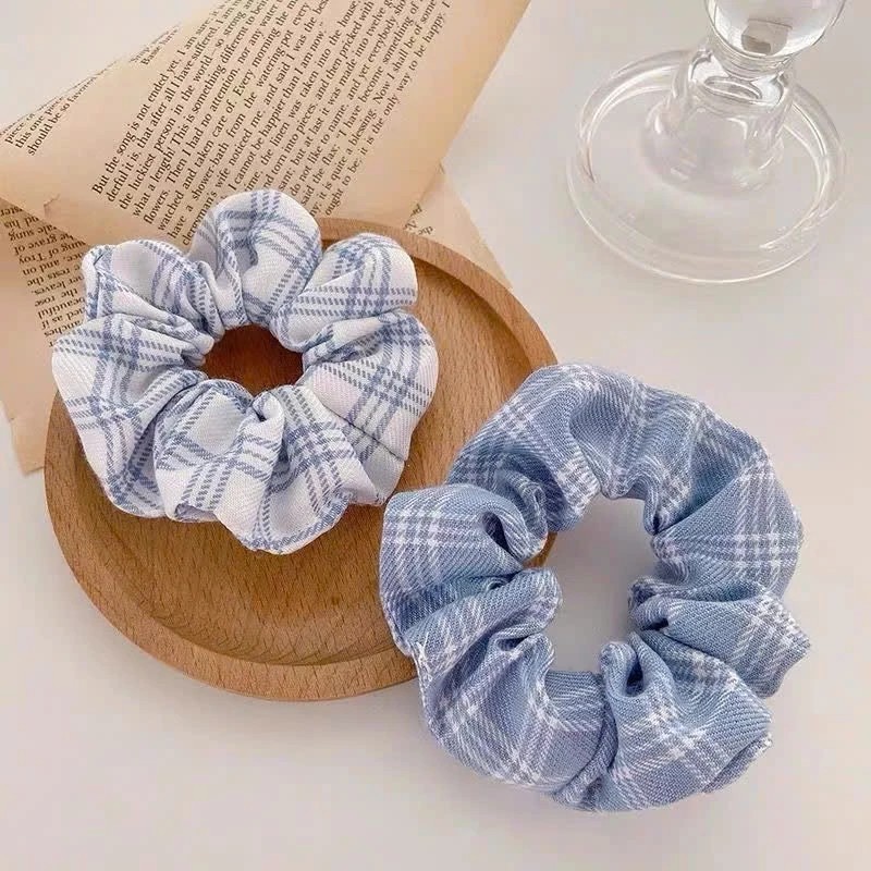 Korean Vintage Plaid Fabric Scrunchies Hair Ties, Hard Scrunchies Hair Ties