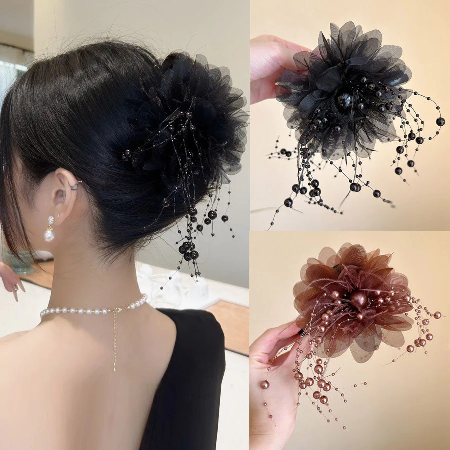 New Matching Beads Peony Feather Hair Clip Shark