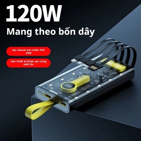 120W 30000mAh Transparent Power Bank Integrated 4 Convenient Charging Ports Super Fast Charging With LED Light