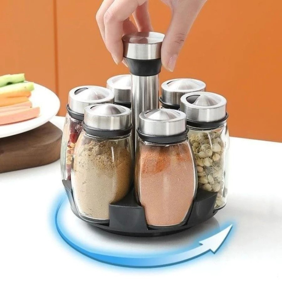Set of 6 Glass Spice Jars with Rubber Seals to Protect Spices from Mold and Mildew with 360 Degree Rotating Rack