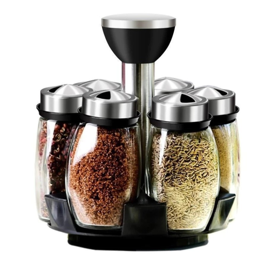Set of 6 Glass Spice Jars with Rubber Seals to Protect Spices from Mold and Mildew with 360 Degree Rotating Rack
