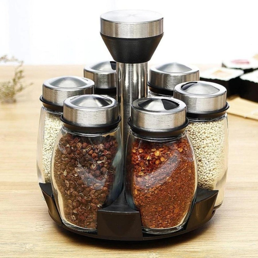 Set of 6 Glass Spice Jars with Rubber Seals to Protect Spices from Mold and Mildew with 360 Degree Rotating Rack